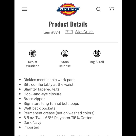 DICKIES Original 874 Work Pants Dk Navy NWT 42x30 🌟 NEW! - Picture 5 of 17